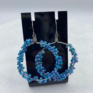 Blue Multi Beaded Wire Wrapped Hoop Earrings Boho Artisan Hippie Ethnic Gypsy